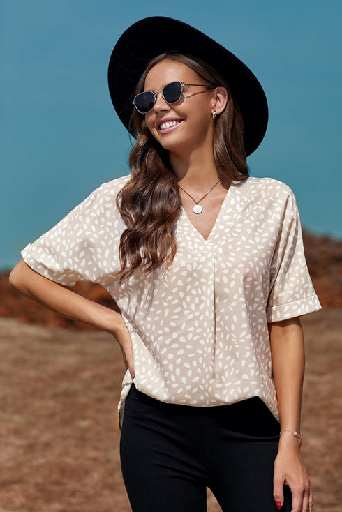 Animal Print V-Neck Rolled Sleeve Tunic Top